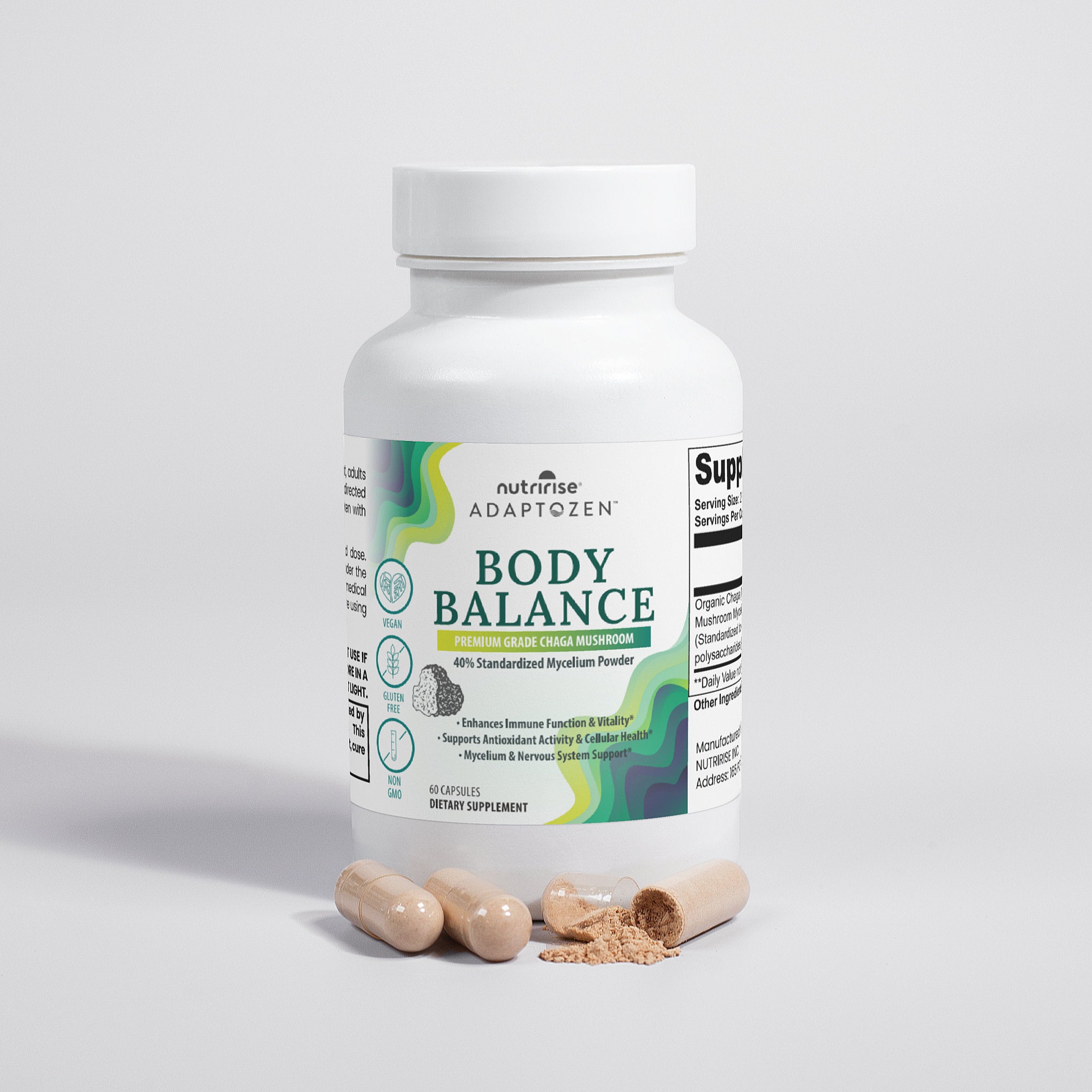 AdaptoZen Body Balance Organic Chaga Mushroom Capsules With Mycelium Powder