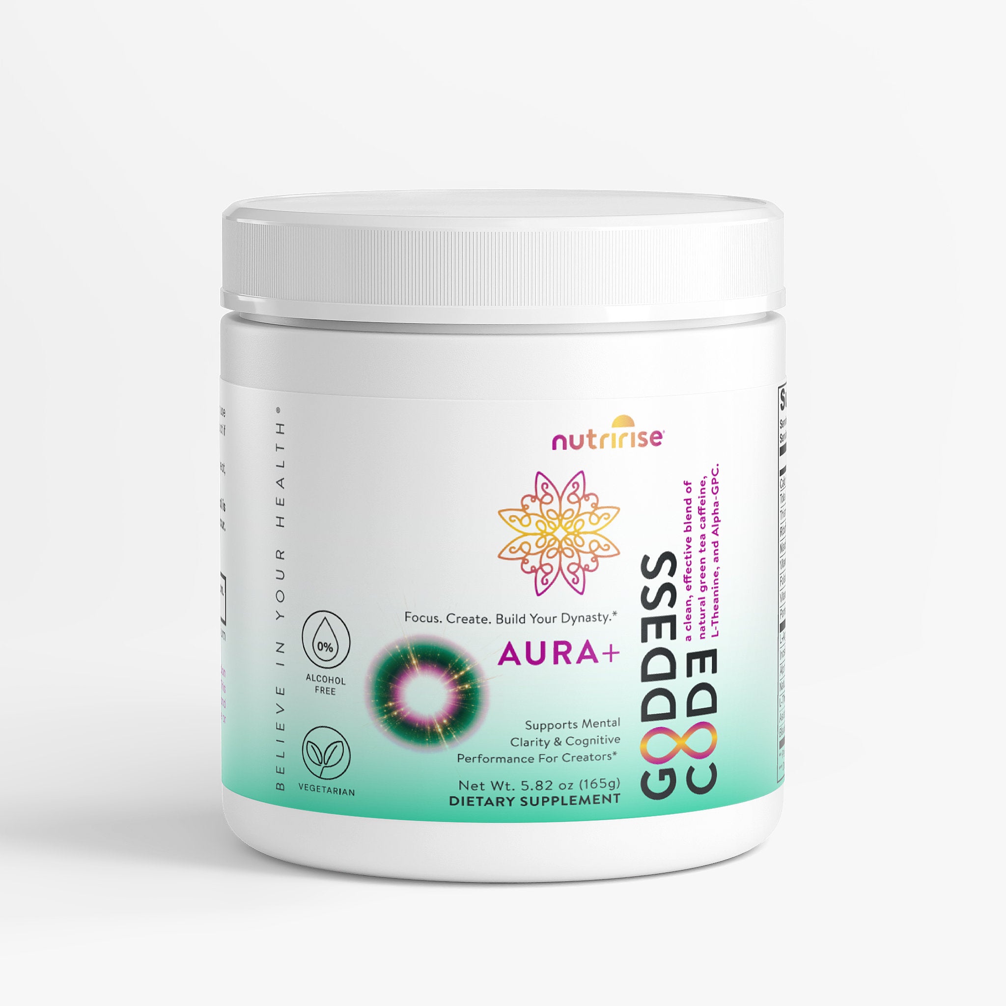 Supplement container labeled 'Aura+ Goddess Code' by Nutrive on a white background