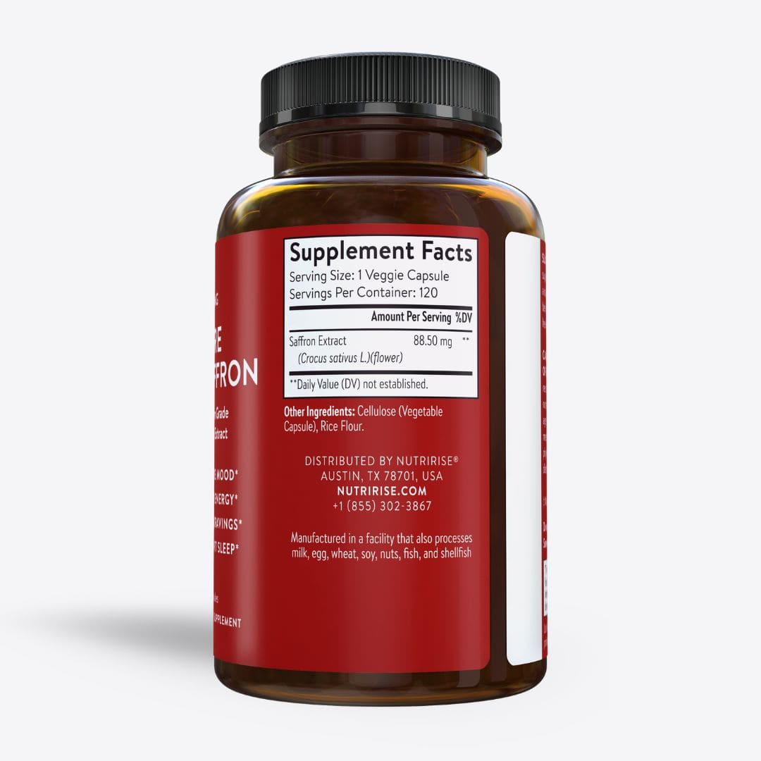 NutriRise Saffron Supplement 88.5 mg – 120 Capsules – Clinically Studied Saffron Extract for Mood, Energy, Calm & Sleep Support – Craving Control