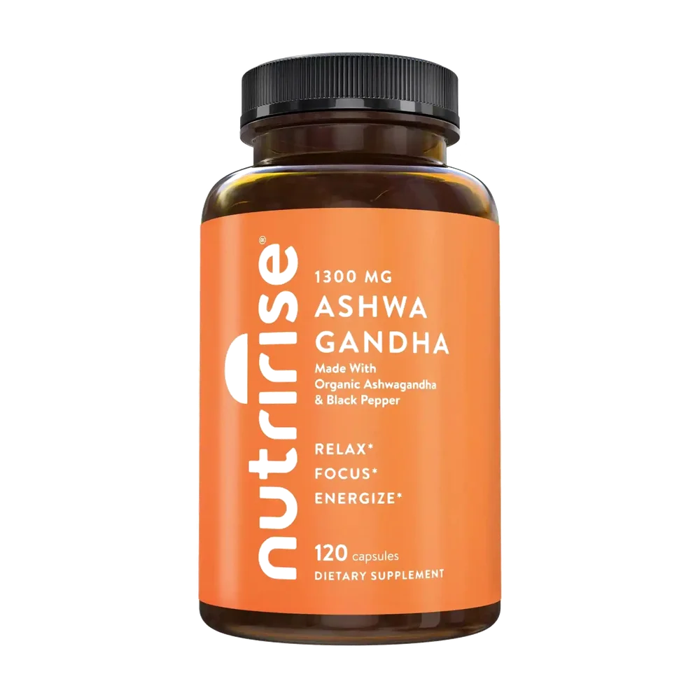 NutriRise Ashwagandha 1300 mg, orange label, 120-capsule bottle