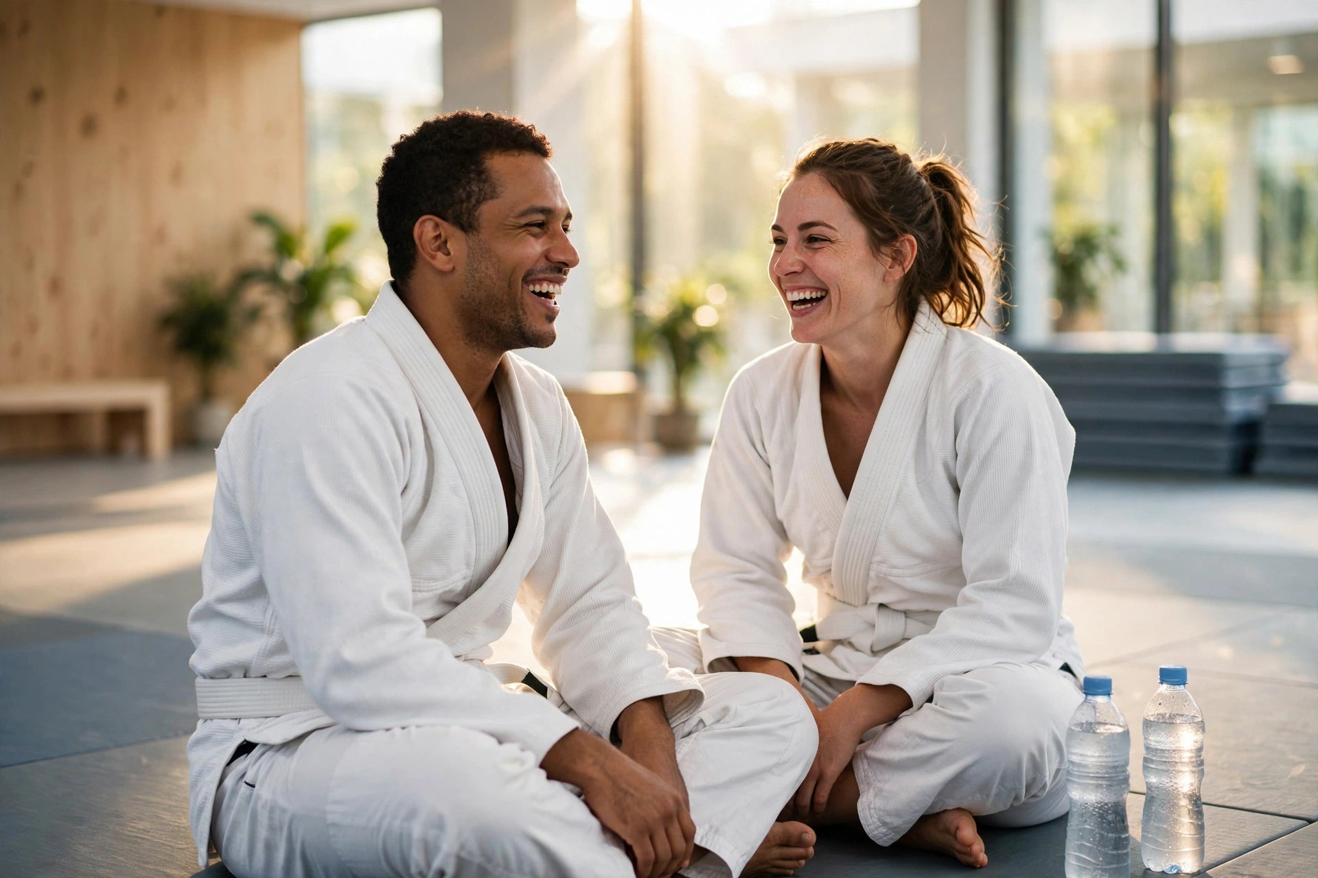 Smiling athletes resting happily after a morning training session
